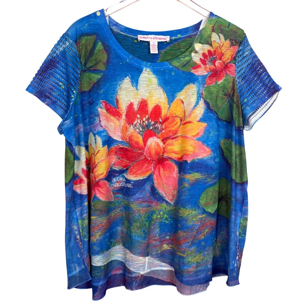 Leoma Lovegrove Women XXL Blue Floral Water Lily Mesh Sleeve Layered Hem Top